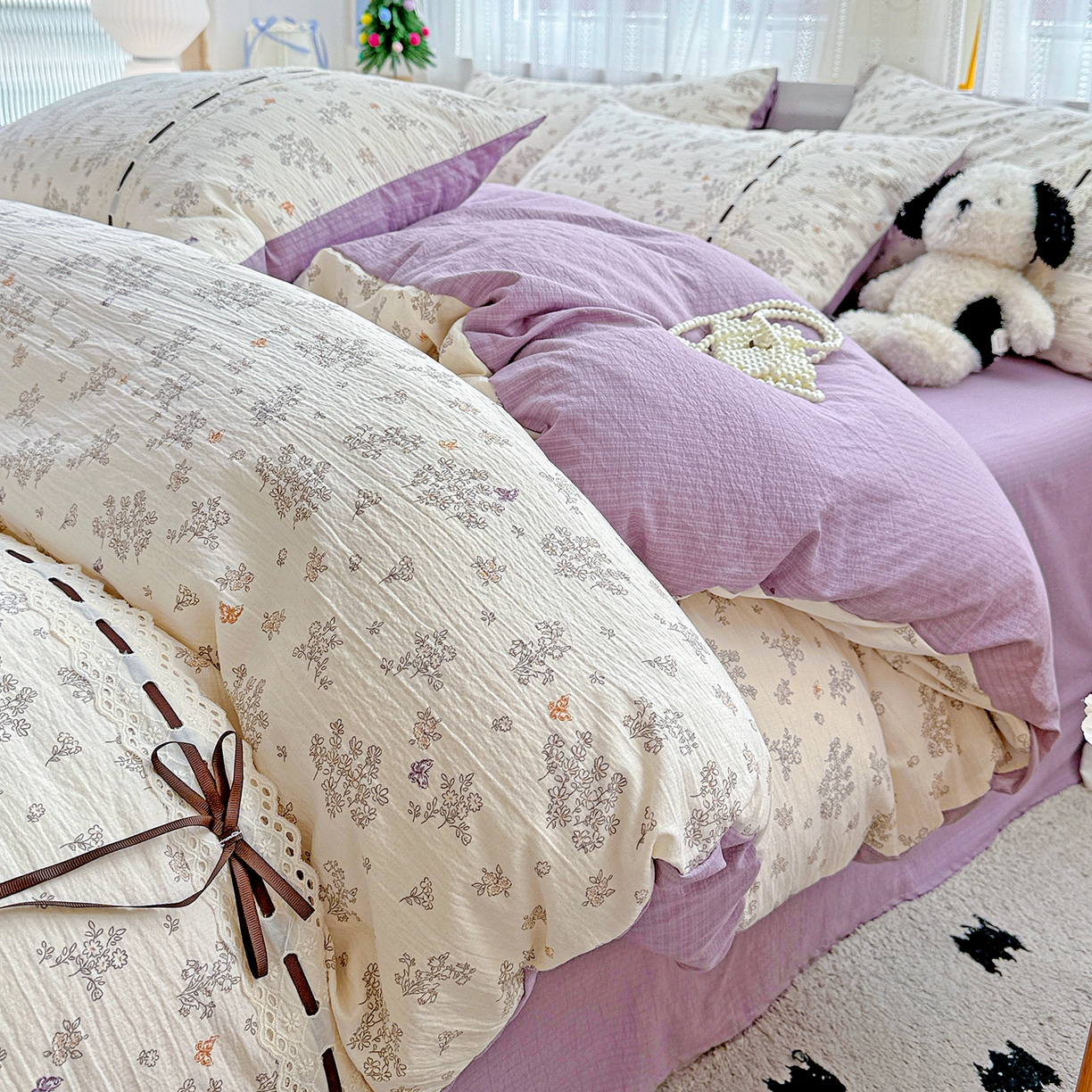 仟网汇 2025新款古法水洗棉全棉花边蝴蝶结四件套 静初