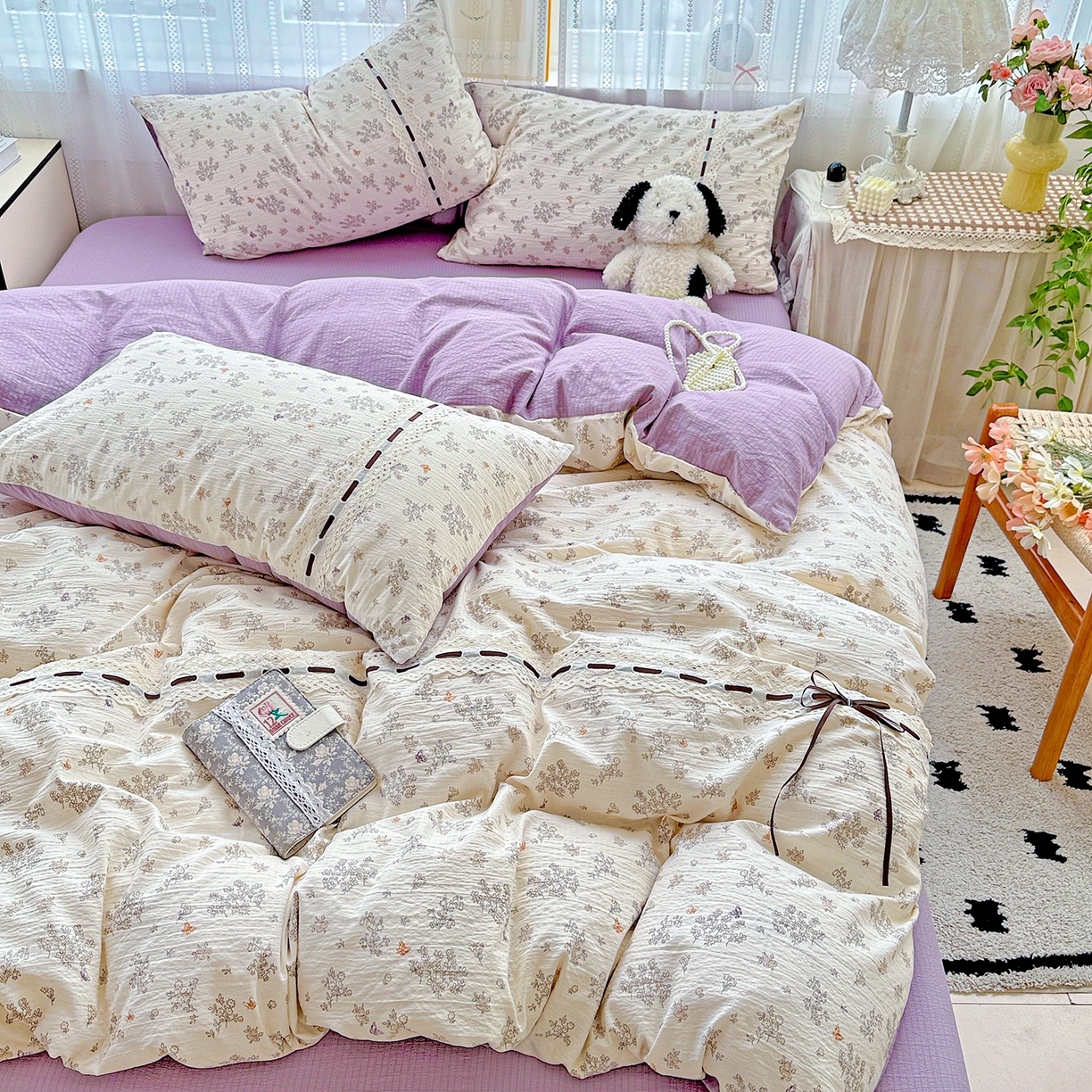 91家纺网 家纺一手货源 找家纺 仟网汇 2025新款古法水洗棉全棉花边蝴蝶结四件套 静初