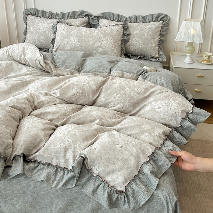 91家纺网 家纺一手货源 找家纺 （总）逸林家纺《原希尔顿逸林》 2025秋冬新品加厚高克重亚麻复古原麻皱皱纱印花四件套法式花边