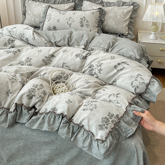 91家纺网 家纺一手货源 找家纺 （总）逸林家纺《原希尔顿逸林》 2025秋冬新品加厚高克重亚麻复古原麻皱皱纱印花四件套法式花边