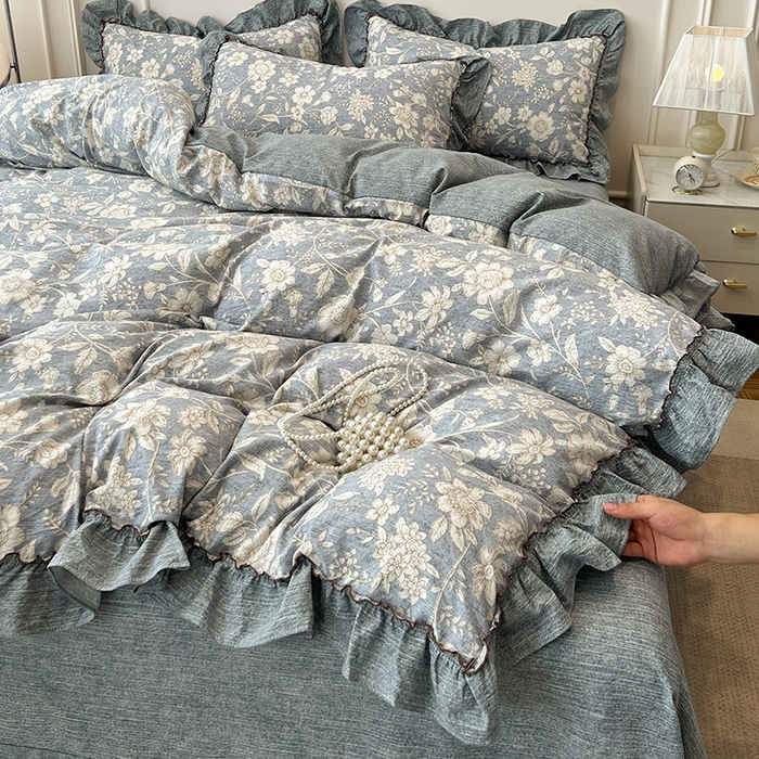 91家纺网 家纺一手货源 找家纺 （总）逸林家纺《原希尔顿逸林》 2025秋冬新品加厚高克重亚麻复古原麻皱皱纱印花四件套法式花边