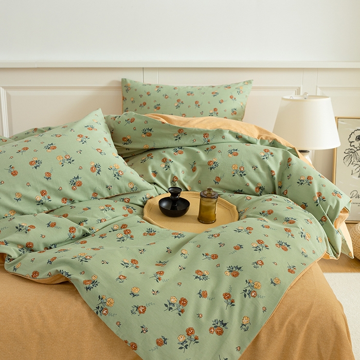 绫韵家纺 2025秋冬新款印花全棉磨毛冬季加厚纯棉磨毛三件套四件套系列 爱如夏花绿