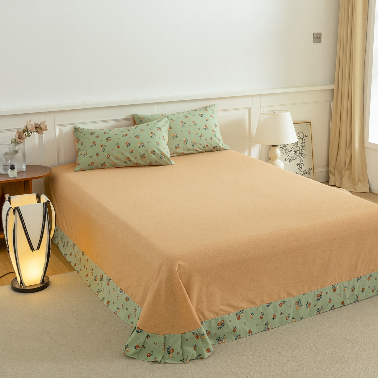 91家纺网 家纺一手货源 找家纺 绫韵家纺 2025秋冬新款印花全棉磨毛冬季加厚纯棉磨毛三件套四件套系列 爱如夏花绿