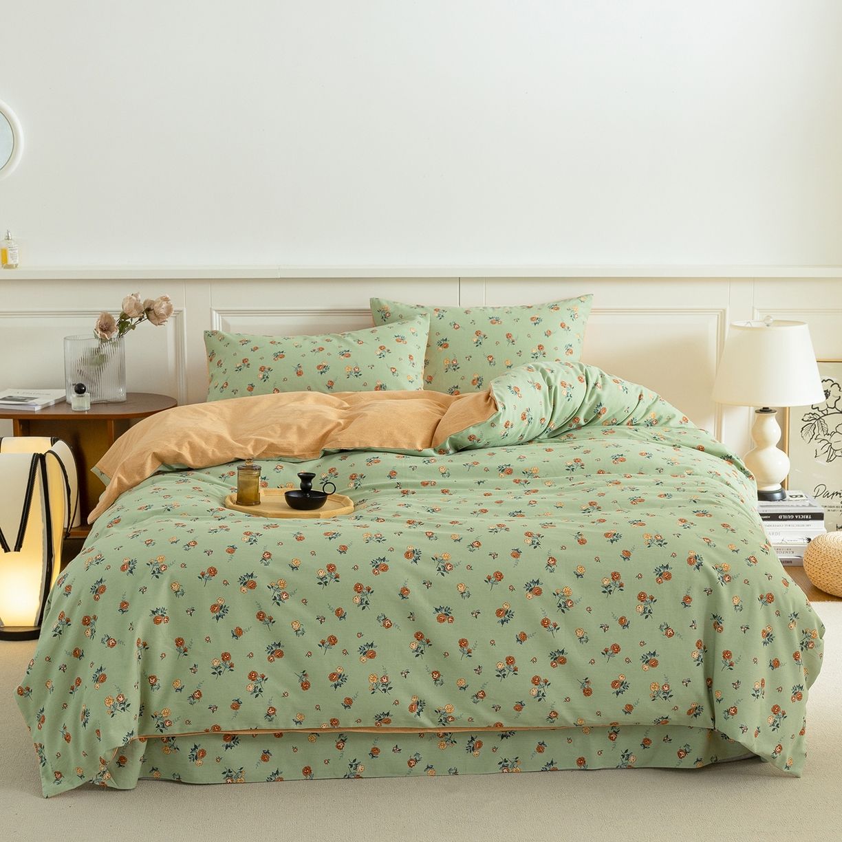 91家纺网 家纺一手货源 找家纺 绫韵家纺 2025秋冬新款印花全棉磨毛冬季加厚纯棉磨毛三件套四件套系列 爱如夏花绿