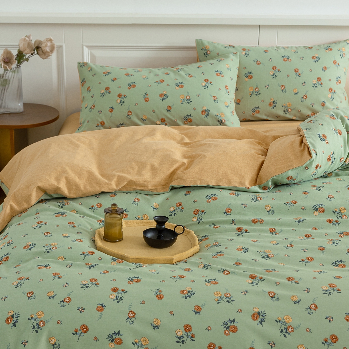 91家纺网 家纺一手货源 找家纺 绫韵家纺 2025秋冬新款印花全棉磨毛冬季加厚纯棉磨毛三件套四件套系列 爱如夏花绿