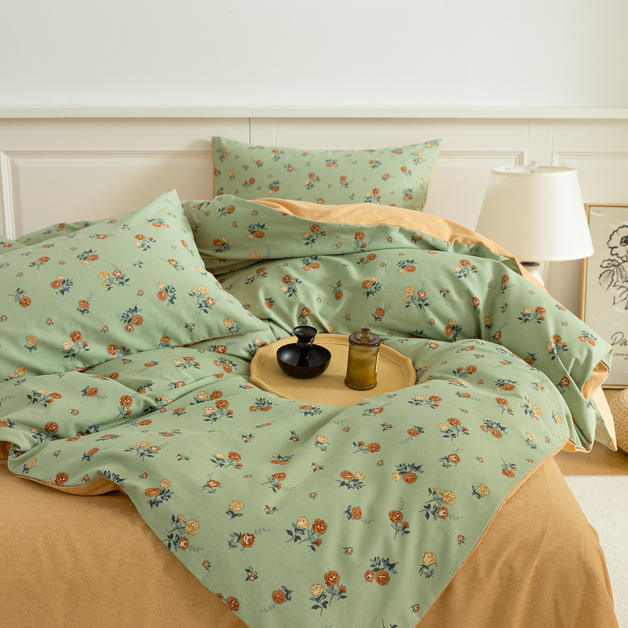 91家纺网 家纺一手货源 找家纺 绫韵家纺 2025秋冬新款印花全棉磨毛冬季加厚纯棉磨毛三件套四件套系列 爱如夏花绿