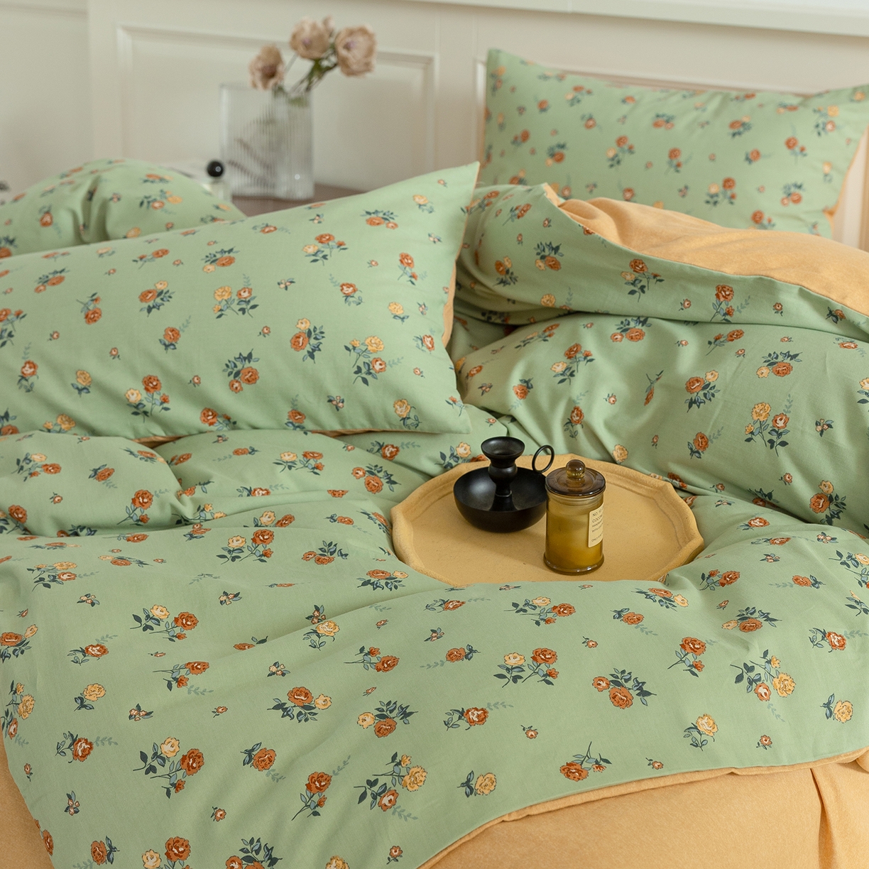 91家纺网 家纺一手货源 找家纺 绫韵家纺 2025秋冬新款印花全棉磨毛冬季加厚纯棉磨毛三件套四件套系列 爱如夏花绿