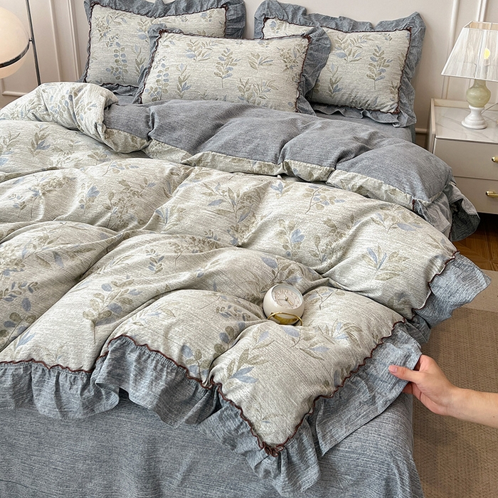 91家纺网 家纺一手货源 找家纺 逸林家纺《原希尔顿逸林》 2025秋冬新品加厚高克重亚麻复古原麻皱皱纱印花四件套法式花边 香榭花园