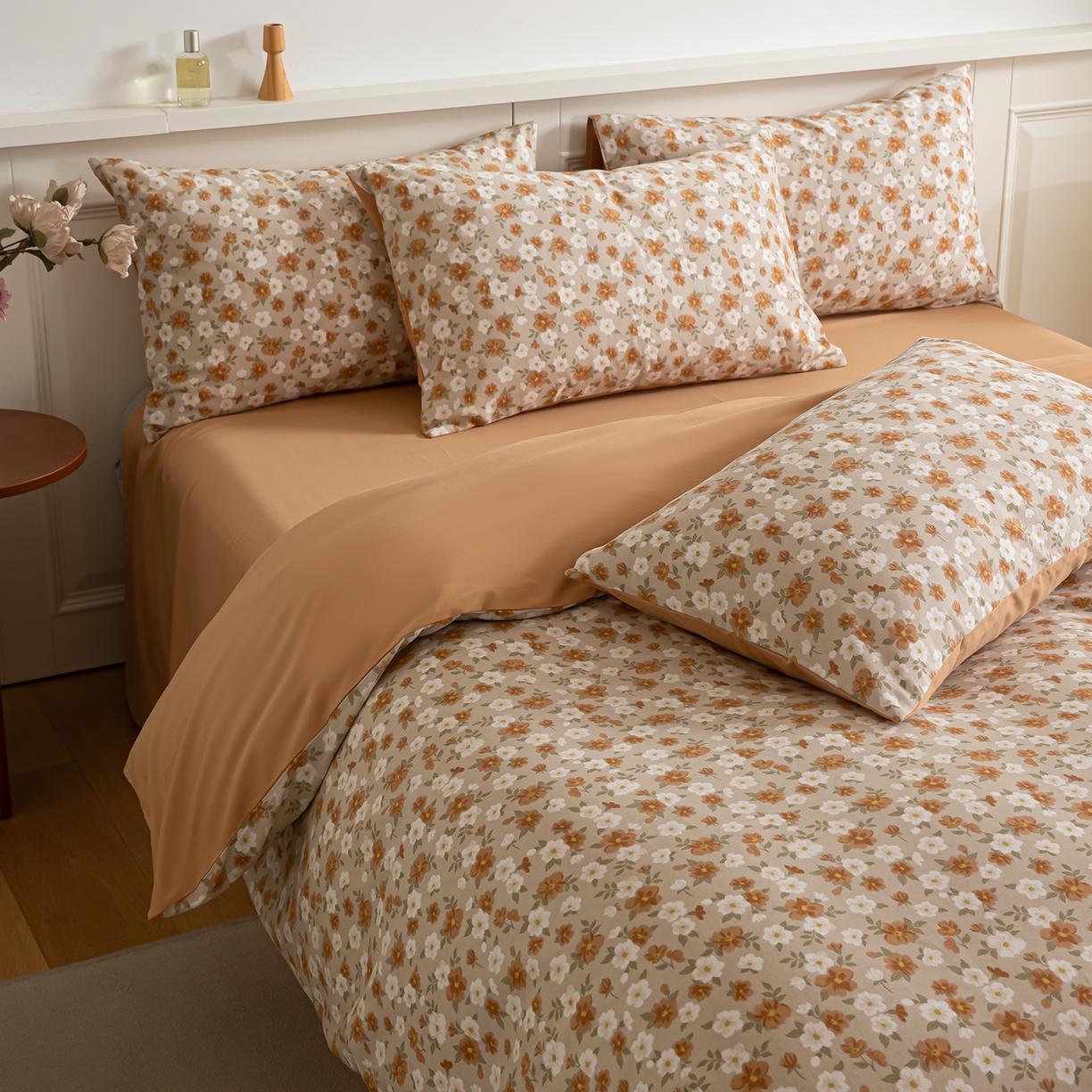 91家纺网 家纺一手货源 找家纺 绫韵家纺 2025秋冬新款印花全棉磨毛冬季加厚纯棉磨毛三件套四件套系列 采薇-元气橙