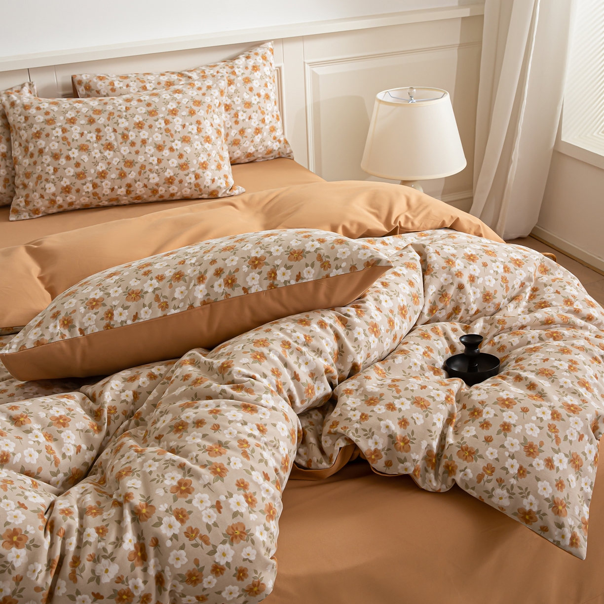 91家纺网 家纺一手货源 找家纺 绫韵家纺 2025秋冬新款印花全棉磨毛冬季加厚纯棉磨毛三件套四件套系列 采薇-元气橙