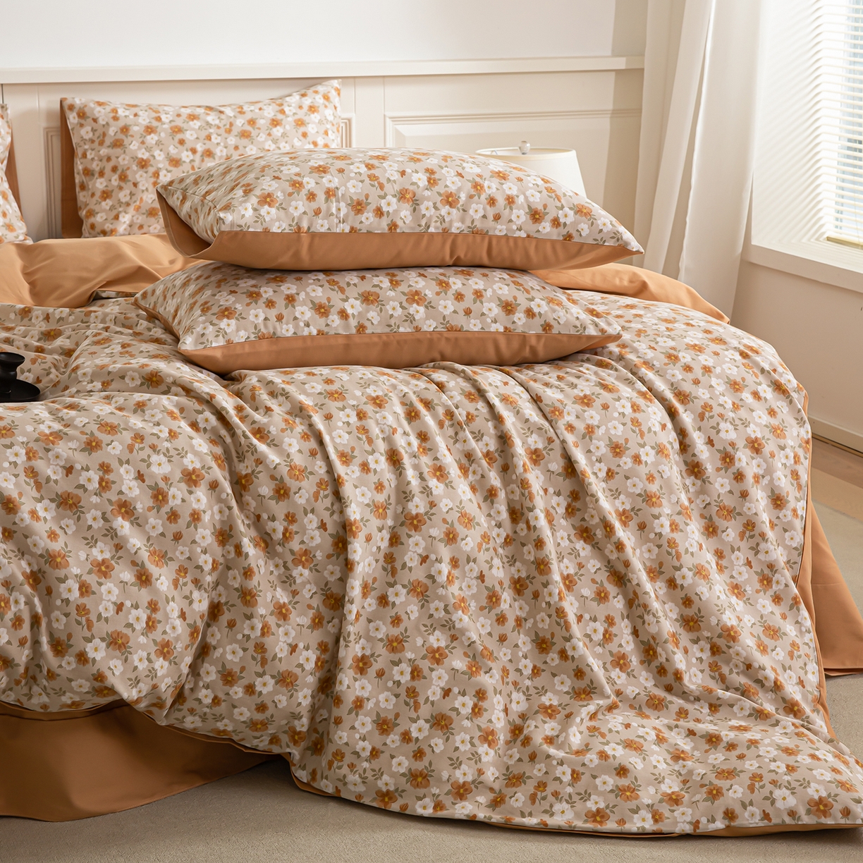 91家纺网 家纺一手货源 找家纺 绫韵家纺 2025秋冬新款印花全棉磨毛冬季加厚纯棉磨毛三件套四件套系列 采薇-元气橙