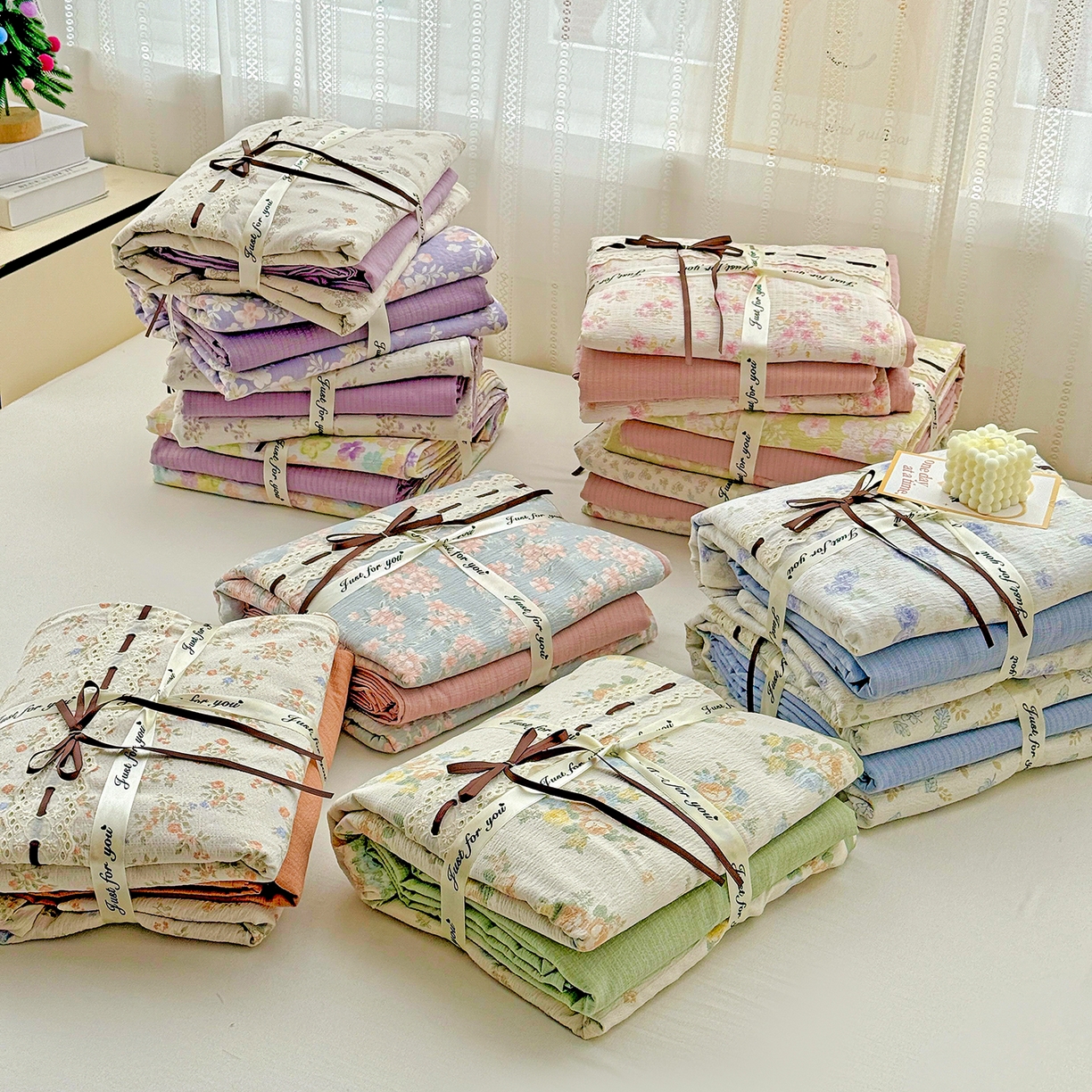 仟网汇 2025新款古法水洗棉全棉花边蝴蝶结四件套 组合图仅供展示不可下单