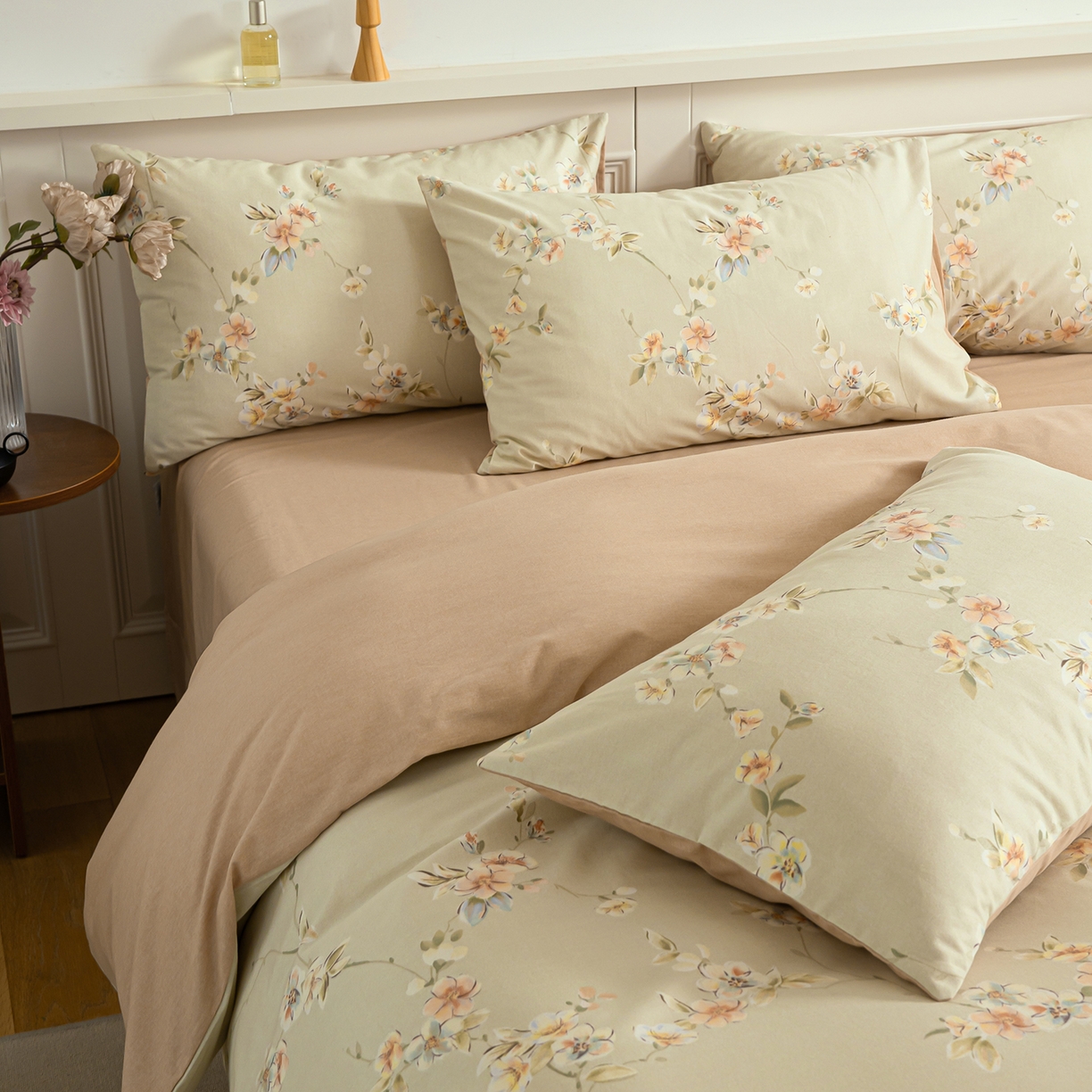 91家纺网 家纺一手货源 找家纺 绫韵家纺 2025秋冬新款印花全棉磨毛冬季加厚纯棉磨毛三件套四件套系列 朵媞-绿