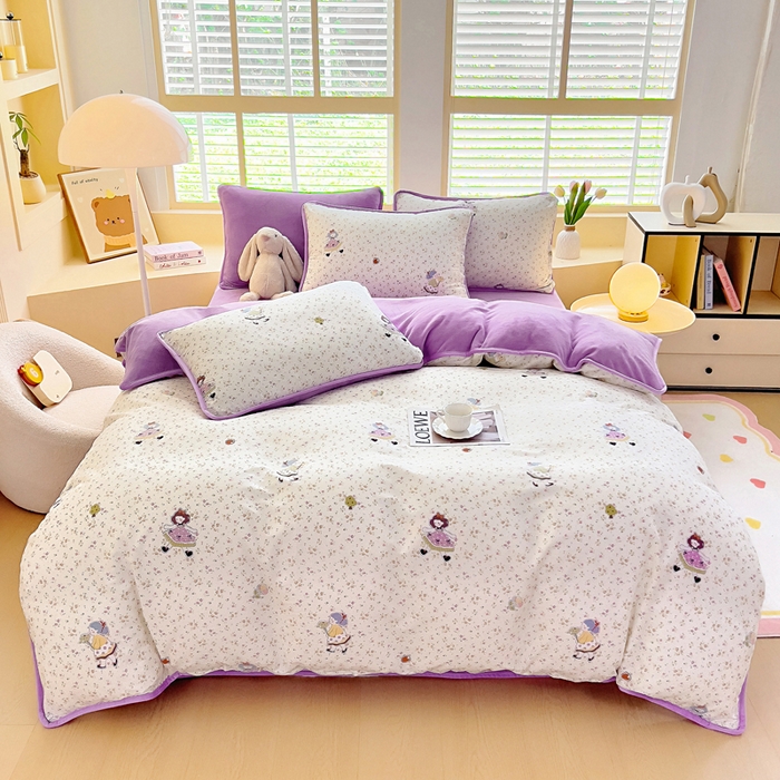 91家纺网 家纺一手货源 找家纺 琪琪阁家纺 2025新款A类全棉纯棉加牛奶绒包边款单被套四件套 春日女孩