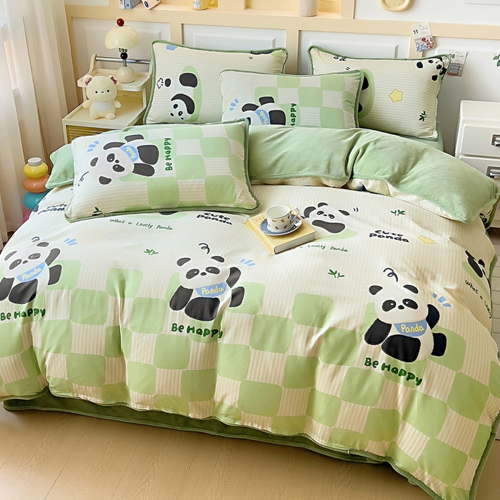 91家纺网 家纺一手货源 找家纺 琪琪阁家纺 2025新款A类全棉纯棉加牛奶绒包边款单被套四件套 呆萌宝贝