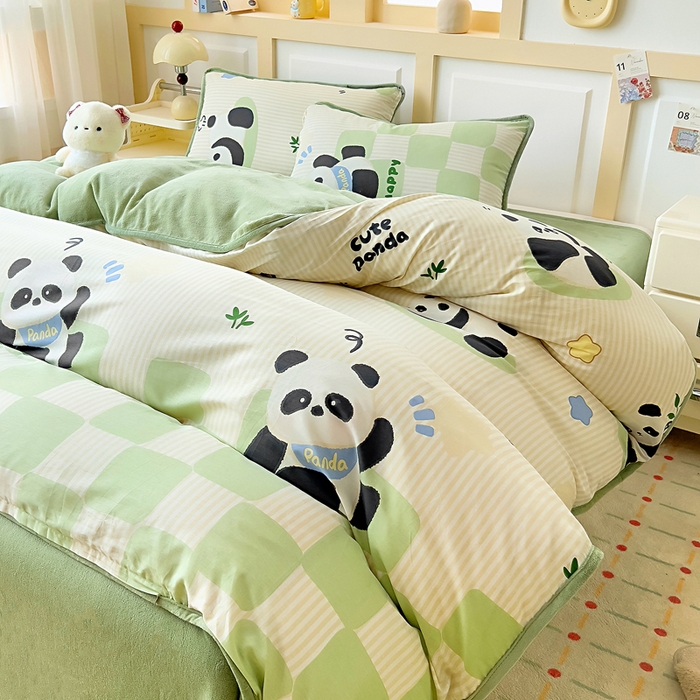 91家纺网 家纺一手货源 找家纺 琪琪阁家纺 2025新款A类全棉纯棉加牛奶绒包边款单被套四件套 呆萌宝贝