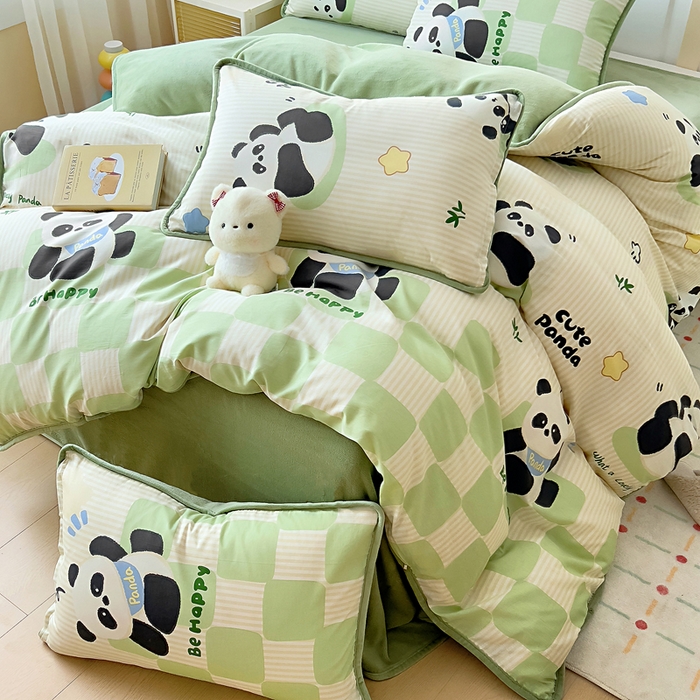 91家纺网 家纺一手货源 找家纺 琪琪阁家纺 2025新款A类全棉纯棉加牛奶绒包边款单被套四件套 呆萌宝贝