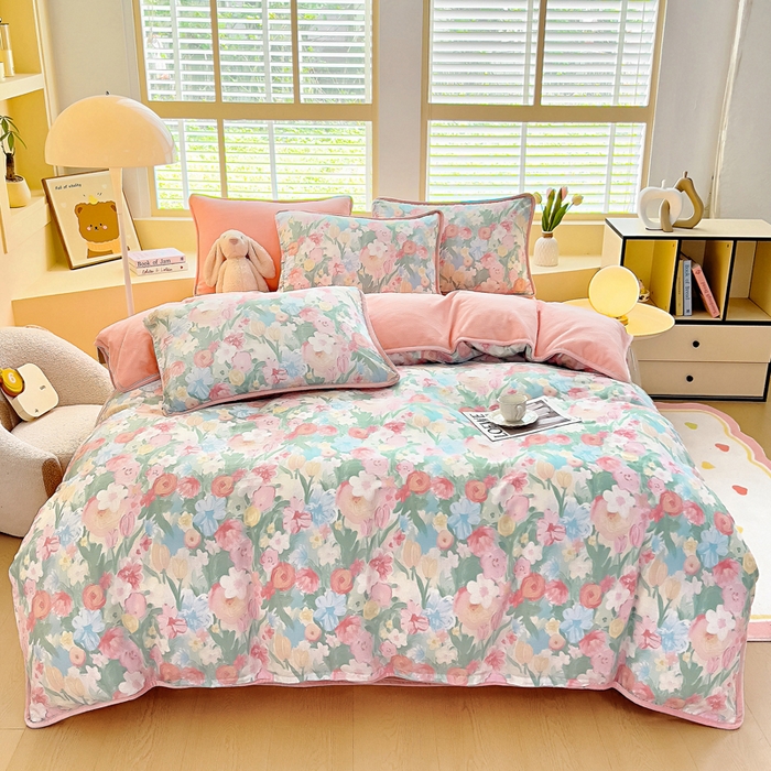 91家纺网 家纺一手货源 找家纺 琪琪阁家纺 2025新款A类全棉纯棉加牛奶绒包边款单被套四件套 蒂芙娜