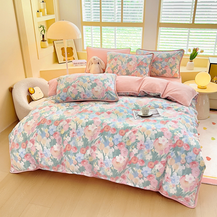 91家纺网 家纺一手货源 找家纺 琪琪阁家纺 2025新款A类全棉纯棉加牛奶绒包边款单被套四件套 蒂芙娜