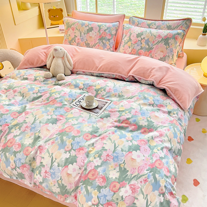 91家纺网 家纺一手货源 找家纺 琪琪阁家纺 2025新款A类全棉纯棉加牛奶绒包边款单被套四件套 蒂芙娜