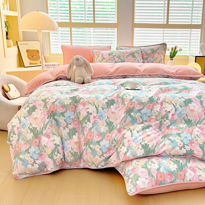 91家纺网 家纺一手货源 找家纺 琪琪阁家纺 2025新款A类全棉纯棉加牛奶绒包边款单被套四件套 蒂芙娜