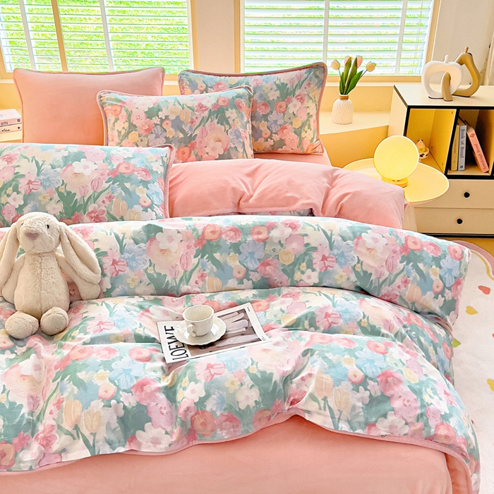 91家纺网 家纺一手货源 找家纺 琪琪阁家纺 2025新款A类全棉纯棉加牛奶绒包边款单被套四件套 蒂芙娜