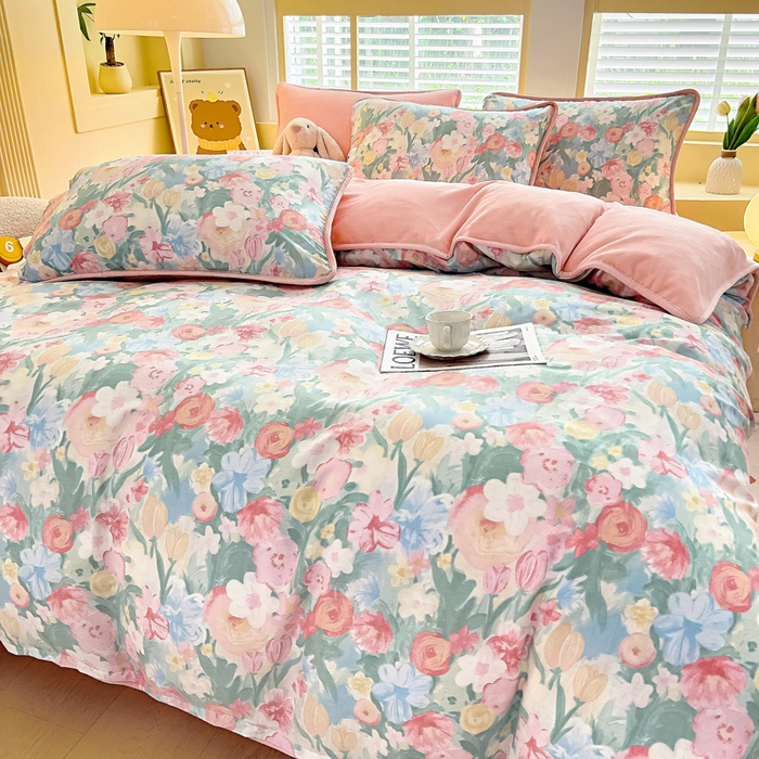 91家纺网 家纺一手货源 找家纺 琪琪阁家纺 2025新款A类全棉纯棉加牛奶绒包边款单被套四件套 蒂芙娜