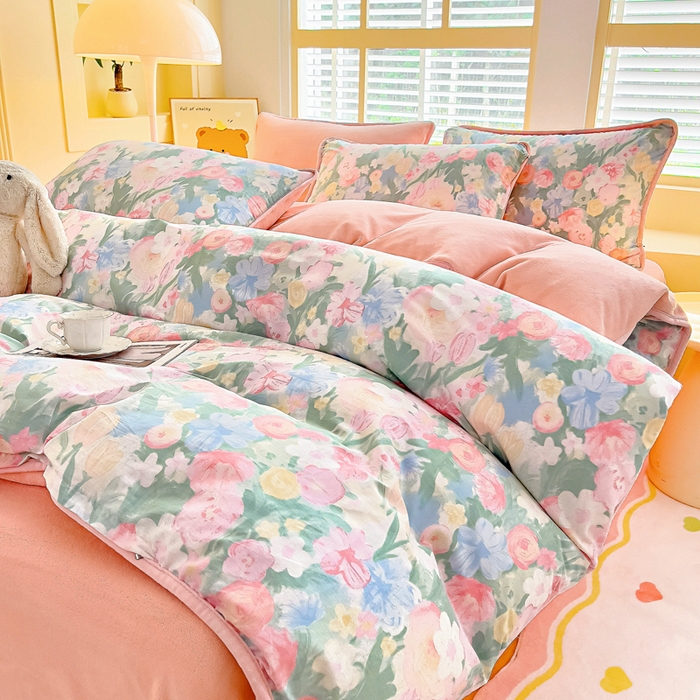 91家纺网 家纺一手货源 找家纺 琪琪阁家纺 2025新款A类全棉纯棉加牛奶绒包边款单被套四件套 蒂芙娜