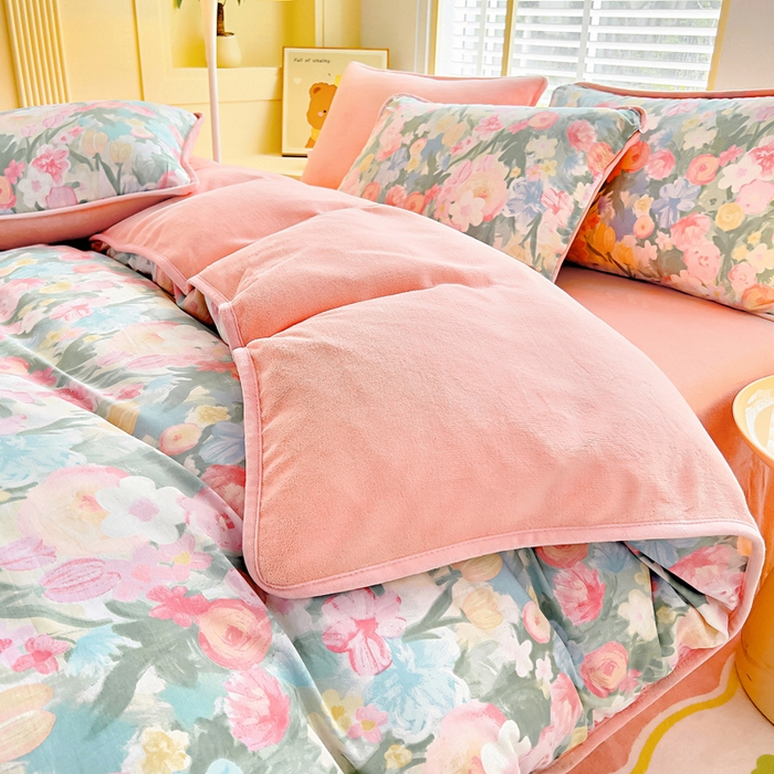 91家纺网 家纺一手货源 找家纺 琪琪阁家纺 2025新款A类全棉纯棉加牛奶绒包边款单被套四件套 蒂芙娜