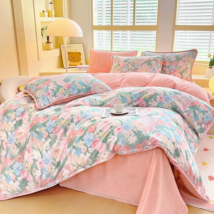 91家纺网 家纺一手货源 找家纺 琪琪阁家纺 2025新款A类全棉纯棉加牛奶绒包边款单被套四件套 蒂芙娜