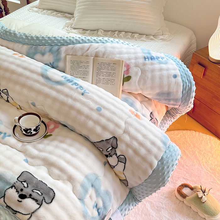 91家纺网 家纺一手货源 找家纺 丫丫家纺 2025直播热款A+兔兔绒豆豆被三层夹棉加厚毛毯毯子牛奶绒冬被泡泡兔毛绒保暖被子被芯 嗨皮狗狗