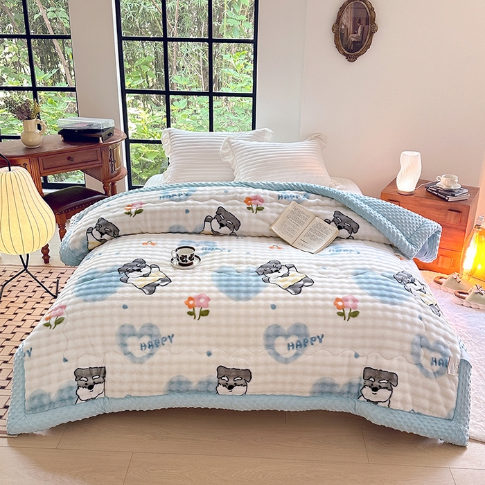 91家纺网 家纺一手货源 找家纺 丫丫家纺 2025直播热款A+兔兔绒豆豆被三层夹棉加厚毛毯毯子牛奶绒冬被泡泡兔毛绒保暖被子被芯 嗨皮狗狗