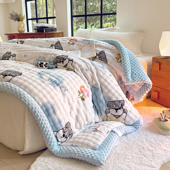 91家纺网 家纺一手货源 找家纺 丫丫家纺 2025直播热款A+兔兔绒豆豆被三层夹棉加厚毛毯毯子牛奶绒冬被泡泡兔毛绒保暖被子被芯 嗨皮狗狗