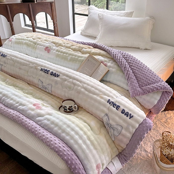 91家纺网 家纺一手货源 找家纺 丫丫家纺 2025直播热款A+兔兔绒豆豆被三层夹棉加厚毛毯毯子牛奶绒冬被泡泡兔毛绒保暖被子被芯 彩虹约定