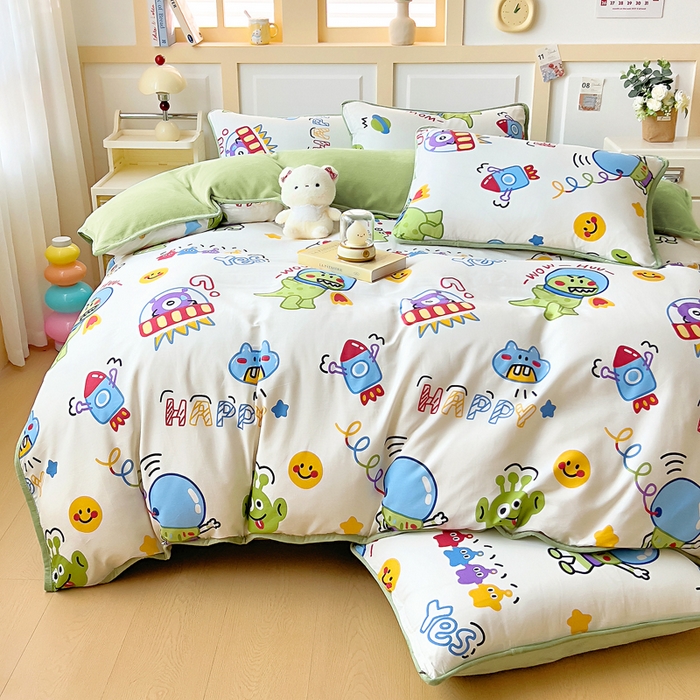 91家纺网 家纺一手货源 找家纺 琪琪阁家纺 2025新款A类全棉纯棉加牛奶绒包边款单被套四件套 怪兽学院