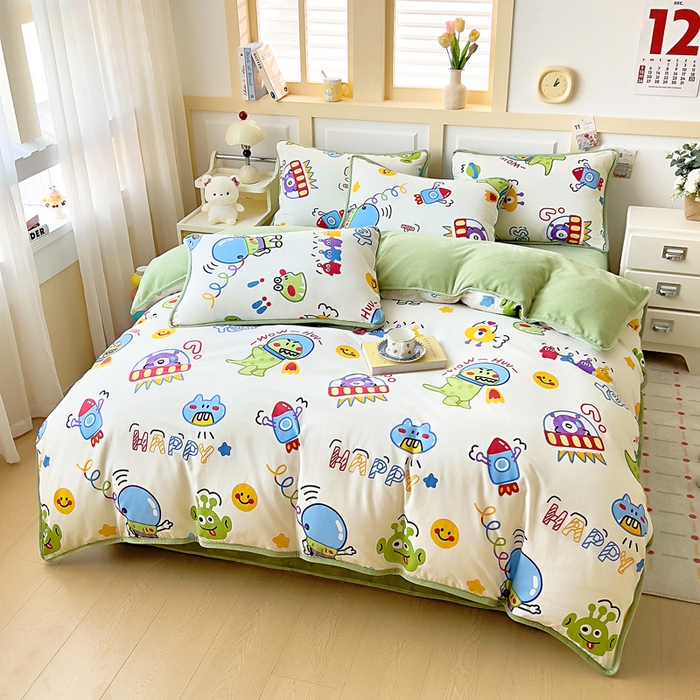 91家纺网 家纺一手货源 找家纺 琪琪阁家纺 2025新款A类全棉纯棉加牛奶绒包边款单被套四件套 怪兽学院