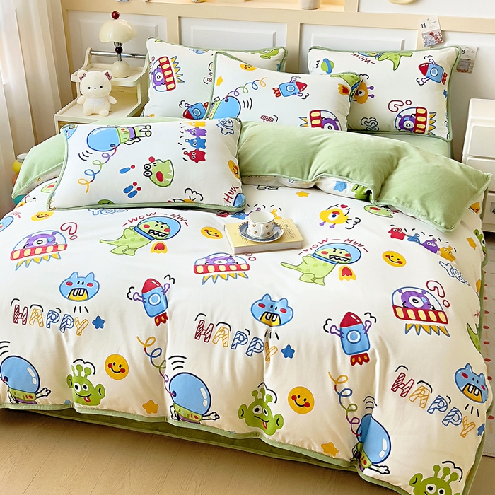 91家纺网 家纺一手货源 找家纺 琪琪阁家纺 2025新款A类全棉纯棉加牛奶绒包边款单被套四件套 怪兽学院