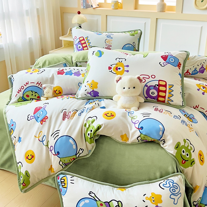 91家纺网 家纺一手货源 找家纺 琪琪阁家纺 2025新款A类全棉纯棉加牛奶绒包边款单被套四件套 怪兽学院