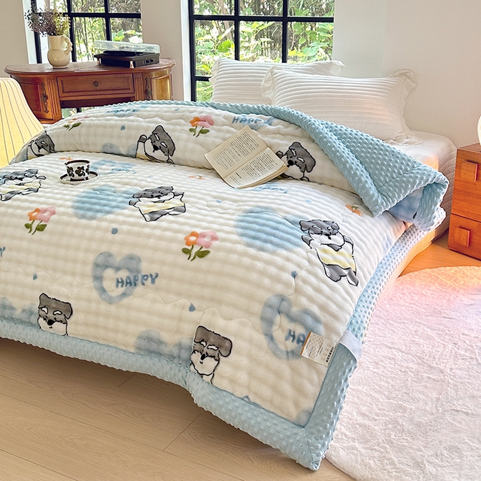 91家纺网 家纺一手货源 找家纺 丫丫家纺 2025直播热款A+兔兔绒豆豆被三层夹棉加厚毛毯毯子牛奶绒冬被泡泡兔毛绒保暖被子被芯 嗨皮狗狗