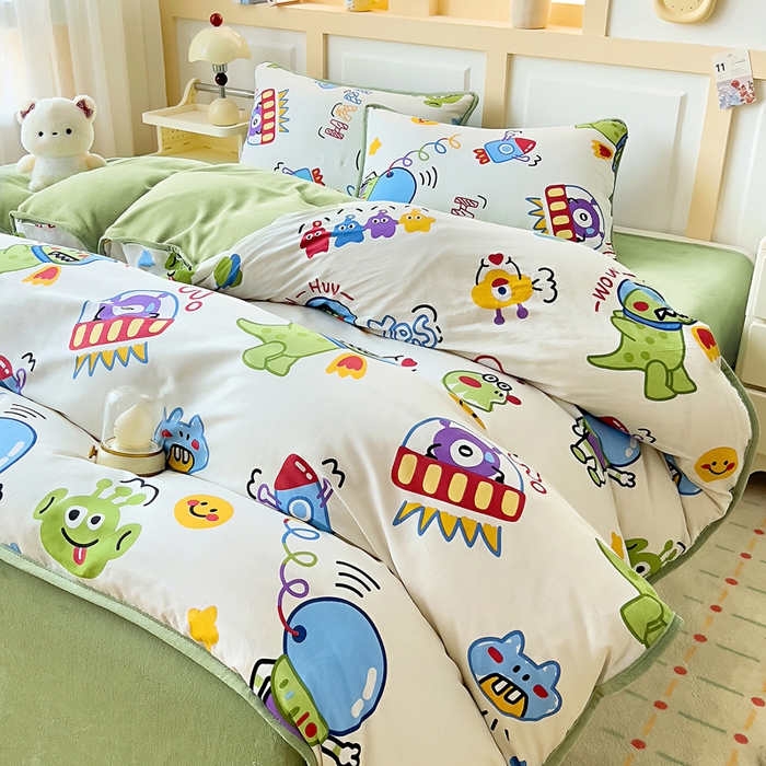 91家纺网 家纺一手货源 找家纺 琪琪阁家纺 2025新款A类全棉纯棉加牛奶绒包边款单被套四件套 怪兽学院