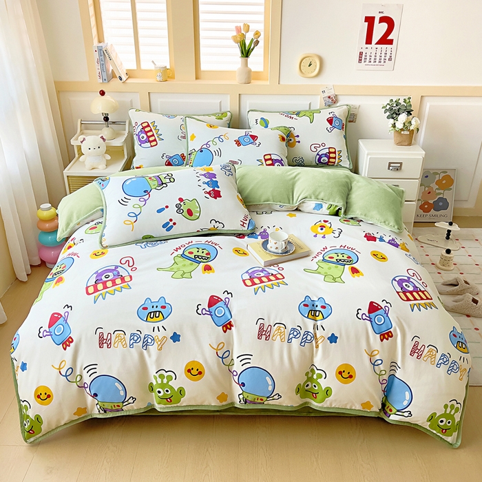 91家纺网 家纺一手货源 找家纺 琪琪阁家纺 2025新款A类全棉纯棉加牛奶绒包边款单被套四件套 怪兽学院