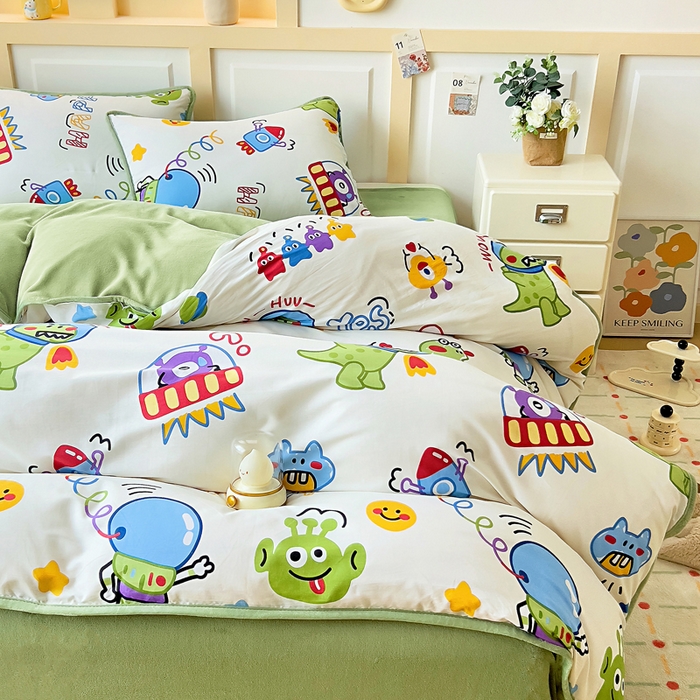 91家纺网 家纺一手货源 找家纺 琪琪阁家纺 2025新款A类全棉纯棉加牛奶绒包边款单被套四件套 怪兽学院