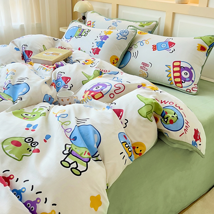 91家纺网 家纺一手货源 找家纺 琪琪阁家纺 2025新款A类全棉纯棉加牛奶绒包边款单被套四件套 怪兽学院