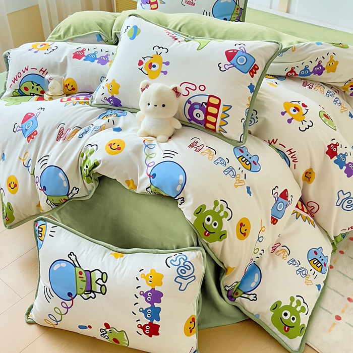 91家纺网 家纺一手货源 找家纺 琪琪阁家纺 2025新款A类全棉纯棉加牛奶绒包边款单被套四件套 怪兽学院