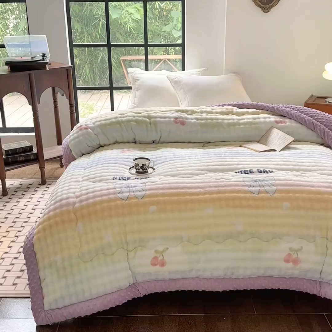 91家纺网 家纺一手货源 找家纺 丫丫家纺 2025直播热款A+兔兔绒豆豆被三层夹棉加厚毛毯毯子牛奶绒冬被泡泡兔毛绒保暖被子被芯 彩虹约定