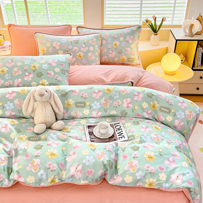 91家纺网 家纺一手货源 找家纺 琪琪阁家纺 2025新款A类全棉纯棉加牛奶绒包边款单被套四件套 花满城