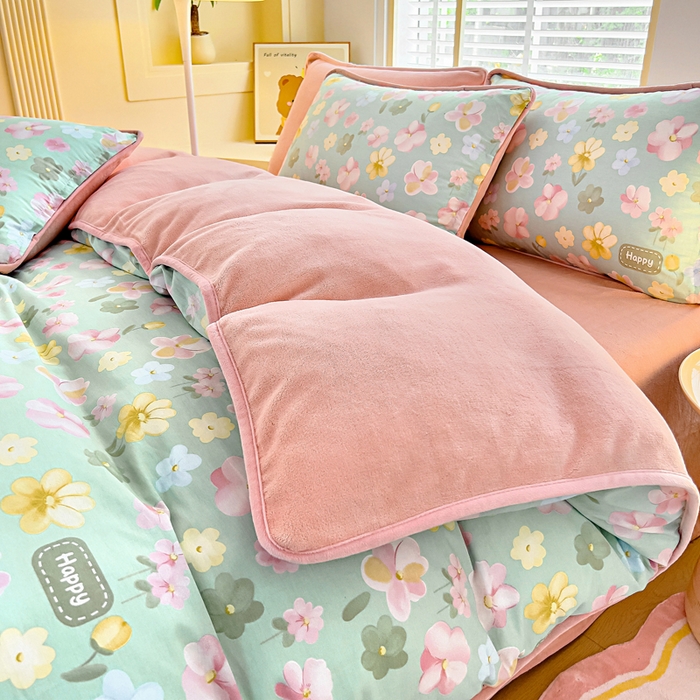 91家纺网 家纺一手货源 找家纺 琪琪阁家纺 2025新款A类全棉纯棉加牛奶绒包边款单被套四件套 花满城