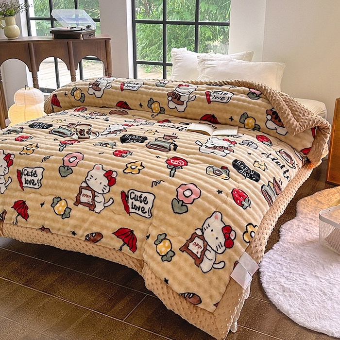 91家纺网 家纺一手货源 找家纺 丫丫家纺 2025直播热款A+兔兔绒豆豆被三层夹棉加厚毛毯毯子牛奶绒冬被泡泡兔毛绒保暖被子被芯 糖果凯特