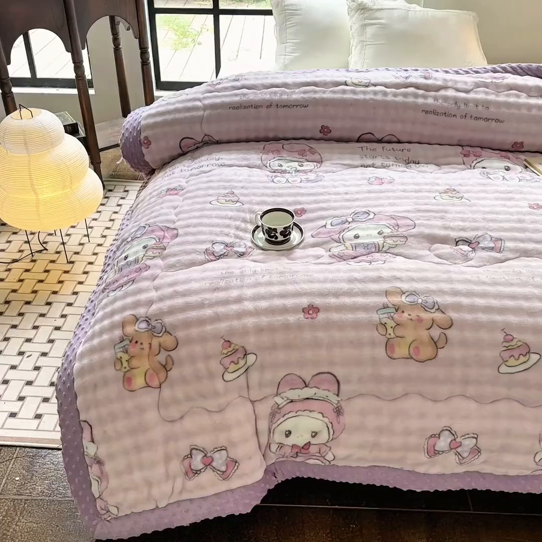 91家纺网 家纺一手货源 找家纺 丫丫家纺 2025直播热款A+兔兔绒豆豆被三层夹棉加厚毛毯毯子牛奶绒冬被泡泡兔毛绒保暖被子被芯 小美