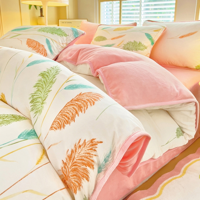 琪琪阁家纺 2025新款A类全棉纯棉加牛奶绒包边款单被套四件套 麦穗飘香